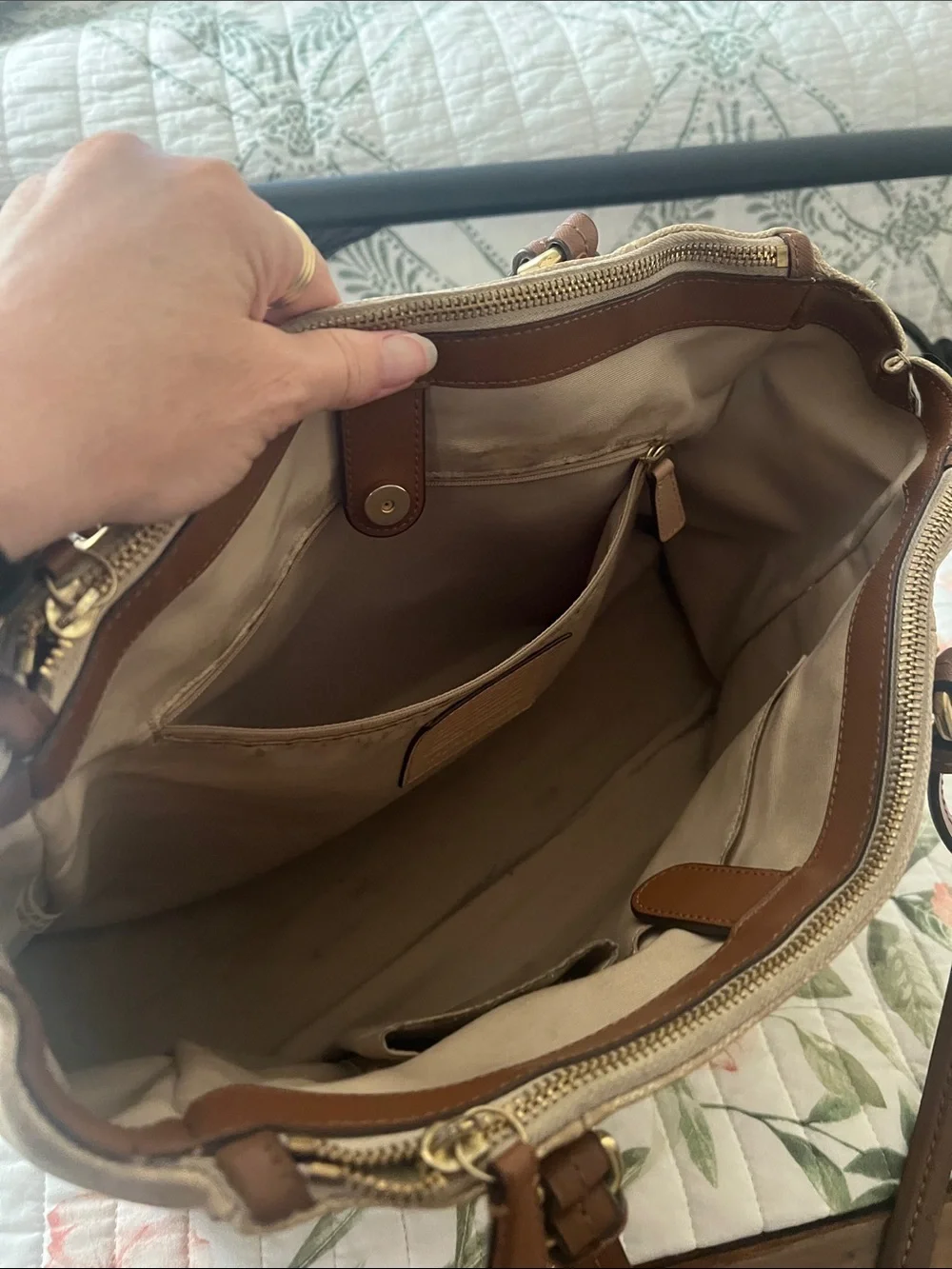 Coach Peyton Khaki and Brown Signature Jordan Double Zip Carry All Tote